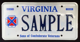 an example Virginia Licence Plate Containing The Logo Of The Sons Of Confederate Veterans, Which Incorporates The Confederate Battle Flag, Is Shown May 8, 2002 In Richmond, Va. (Photo By Wayne Scarberry/Getty graphics)