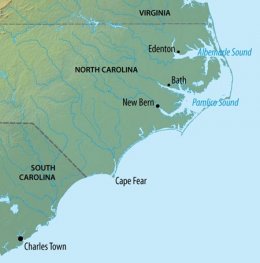 map of significant Carolina settlements, 1729