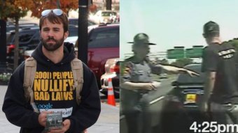 Nathan Cox, left, is being sued for .35 million by Virginia State Trooper Melanie McKenney, right, after he published movie of a heated encounter with the officer on the Internet and accused this lady of molesting him.