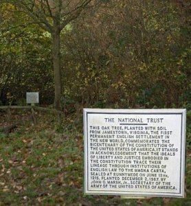 Oak tree planted at Runnymede to commememorate Jamestown, VA at US Bicentennial gathering