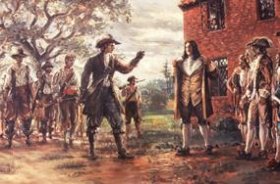 Sidney King artwork of the Governor confronting Bacon and his followers demanding Bacon take him