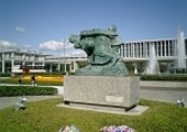 Statue of mom and Child inside Storm